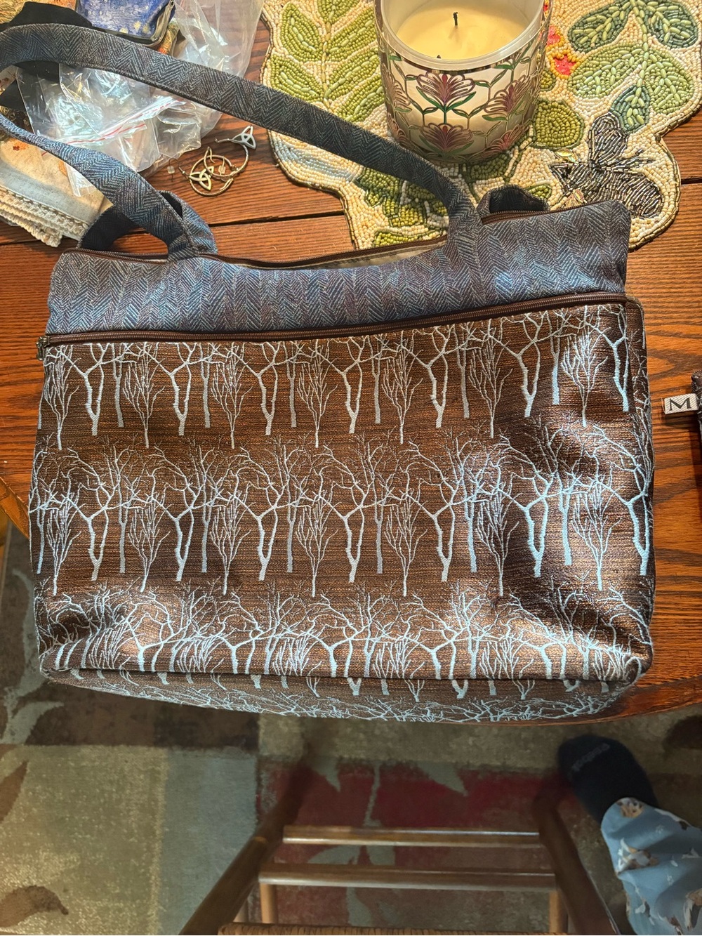 Brown Shoulder Bag with White Tree Print - Unbranded